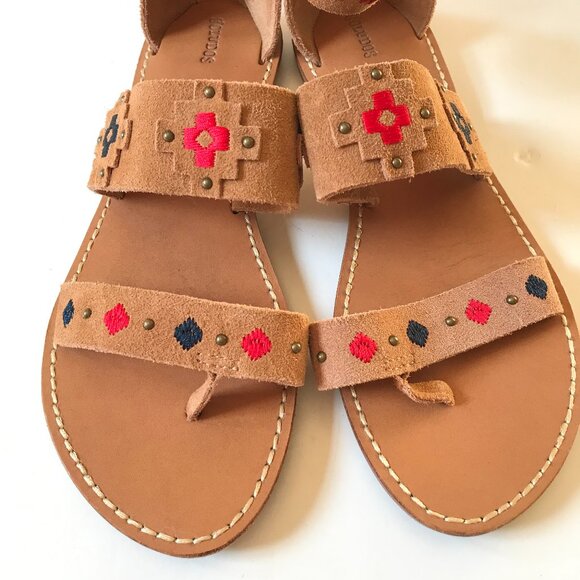 NEW Soludos Flat Sandals Womens 11 Natural Tan Suede Red Embroidered Zipper NWOB - Picture 7 of 12